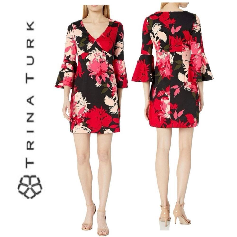 TRINA TURK SENA MINI DRESS FLORAL FLUTTERY BELLED SLEEVES SZ‎ 2 WHIMSIGOTH